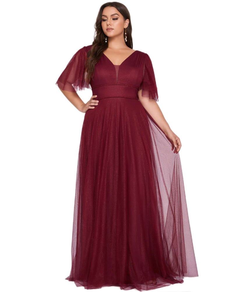 Front of a model wearing a size 12 V Neck Tulle Formal Evening Dress with Ruffle Sleeves in Burgundy by Ever-Pretty. | dia_product_style_image_id:294858